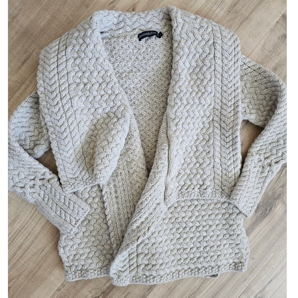 IrelandsEye Dublin Virgin Wool Cable Knit Open Cardigan Oatmeal Beige Womens L